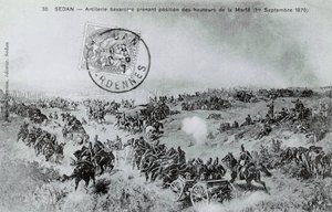 1870 års krig: Bayerskt artilleri tar position från Marfes höjder i Ardennerna den 01/09/1870. Gravyr från 1870 av Unknown artist