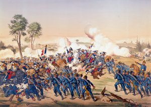 Kriget 1870: anfallen av slagskeppen vid slaget vid Froeschwiller Woerth (Froeschwiller-Woerth) den 06/08/1870 som såg Tysklands seger - Litografi från 1870. Paris, NL av Unknown artist