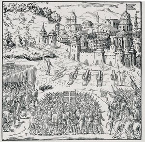 Religionskrig: Staden Nîmes belägrad av kungens armé (Henry III) 1576 - i "" Samling av 39 figurer som representerar Frankrikes katastrofer från 1562 till 1586""", Louis Perrin imprim. av Unknown artist