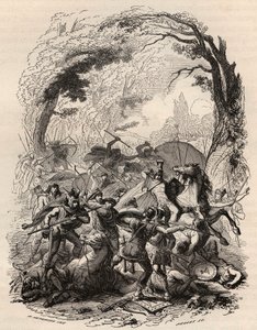 Gallernas krig: Slaget vid Aduatuca mellan det belgiska folket i Eburons och den romerska armén. Quintus Titurius Sabinus och Lucius Aurunculeius Cotta besegrades 54 f.Kr. Gravyr från 1868 i "Belgiens historia från primitiva tider till slutet av den av Unknown artist
