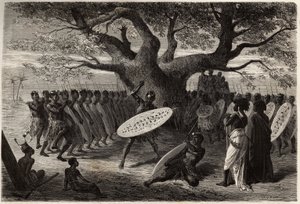 Krigarövningar av Landines eller caffres-zulus, en Sena (Zambese River-regionen, Moçambique). Gravyr för att illustrera Dr. Livingstones första resor till södra Afrika från 1840 till 1856, i "Le tour du monde, nouveau journal des voyages"" publicerad under av Unknown artist