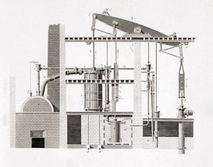 Watt ångmaskin. Schema. 1800-talsgravyr av Unknown artist