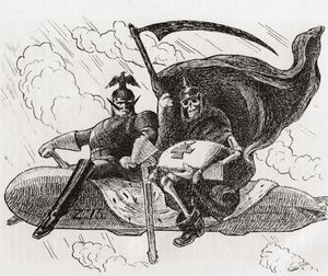 "Vi två", krigsherren och hans allierade: En tysk befälhavare och ett skelett, eller döden, som sitter ovanpå en Zeppelinare av Unknown Artist