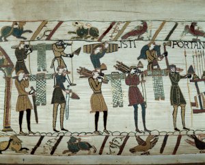 Vapen och vin förs till fartygen under tankningen för erövringen av England av Vilhelm Erövrarens flottor (1027-1087) 1066 Detalj av Bayeux gobeläng eller Broderi av Drottning Mathilde av Unknown artist