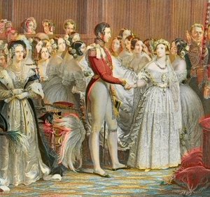 Drottning Victorias bröllop med prins Albert av Sachsen Cobourg Gotha i Saint James Palace i London 10 februari 1840 (gravyr) av Unknown artist