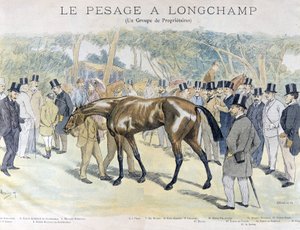 Vägning hos Longchamp och en grupp hästägare av Unknown artist