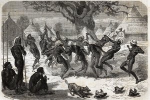 Välkomstdans av kvinnorna i stammen, när Baker och hans fru återvänder från Lake Albert (Albert Nyanza). Gravyr för illustration le voyage au lac Albert, en 1861-1864, av Sir Samuel White Baker, i "Le tour du monde, nouveau journal des voyages av Unknown artist