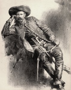William Frederick Cody - Känd som Buffalo Bill - Porträtt av Buffalo Bill (1846-1917), överste William Cody - gravyr efter affisch. av Unknown artist