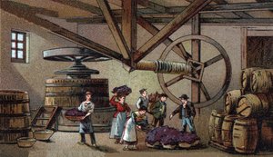 Vinproduktion: vinpress från hospice Beaune (clos vougeot). Kromolitografi från slutet av 1800-talet av Unknown artist