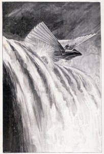 Bevingat fordon som korsar ett vattenfall, sjuk. "" Världens mästare"", Jules Verne, sent 1800-tal. av Unknown artist