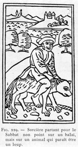 Häxan som åker till sabbaten inte på en kvast, utan på ett djur som verkar vara en varg. av Unknown artist