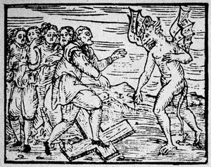 Häxkonst: djävulen och männen som går på det katolska korset - gravyr av Unknown artist