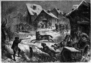 Vargjakt i byn Saliers, Bouches du Rhone (13), 31 december 1860. Gravyr i "" Le Monde Illustré"" nr 196 av 12 januari 1861. av Unknown artist
