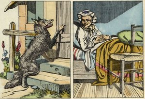 Wolf knackar på farmors dörr. Illustration av berättelsen "Rödluvan" av Charles Perrault av Unknown artist