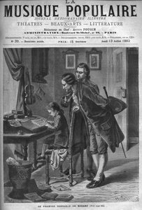 Wolfang Amadeus Mozart skrev en konsert för cembalo i närvaro av sin far Leopold och Andreas Schachtner 1762 - gravyr i "" Popular Music """ illustrerad veckotidning - 1882 av Unknown artist
