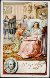 Wolfgang Amadeus Mozart (1756-1791) under de sista dagarna av sitt liv. Kromolitografi av 1800-talet av Unknown artist