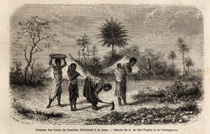 Kvinnor från stranden av Zambeze sänker en hacka och introducerar barn för jordbruksarbete. Gravyr för att illustrera Dr. Livingstones första resor till södra Afrika från 1840 till 1856, i "Le tour du monde, nouveau journal des voyages"" publicerad av Unknown artist
