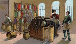 Ullindustri, kamning. Kromolitografi från slutet av 1800-talet av Unknown artist