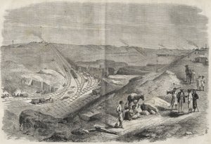 Arbete på Suezkanalen 1864 - Byggarbetsplats och borrarbete på Suezkanalen 1864 (Chaluf Tranchee) - av Unknown artist