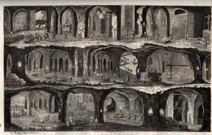 Arbeta i saltgruvan i Wieliczka - gruvstad i Polen - Vy över underjordiska arbeten i saltgruvorna i Wieliska, i Gallicie - gravyr i 
