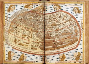 Världskarta över Claude Ptolemäus De mänskliga huvudena som blåser luft representerar de olika vindarna (vars namn anges). I latinsk geografi. till den mest välsignade fadern Paulus II, Storpåven. Nicholas gåvor." Geografimanuskript tillägnat påven Paulus  av Unknown artist