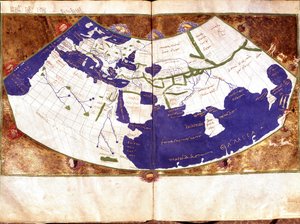 Världskarta över Claudius Ptolemaeus (Claude Ptolemee, 90-168 ap JC), grekisk astronom och astrolog - Representation av den platta jorden utan nord- och sydpolen och utan den amerikanska innehåller - 1400-talsmanuskript - Venedig, Biblioteca Marciana av Unknown artist