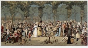 Världspromenad genom det kungliga slottets trädgårdar, sent 1700-tal - chromo efter graveringen av Debucourt av Unknown artist