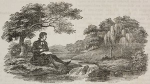 Författare under träd framför ström, illustration från Universal Theatre, encyklopedisk och scenografisk samling, nr 575, 19 juli av Unknown artist