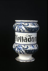 Apotekskruka från 1600-talet som innehåller Belladonna, giftig ört som används i apotek. Museum of Science and Technology, Milano. av Unknown artist