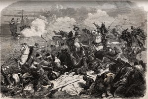 Yori Omo och en samurajarmé slår tillbaka invasionen av mongolerna 1274 ledd av Qubilai (Kubilai Khan, förste kejsare av den mongoliska Yuan-dynastin (1215-1294), men tyfoner (kami kaze: gudarnas vind) stöter bort och kapsejsar mongolerna flottan, skona ja av Unknown artist
