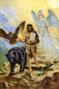 Zarathustra (Zarathustra, Zarathushtra, Zarathustra eller Zoroastra), guidad av ärkeängeln och åtföljd av djur som skulle hålla honom sällskap under hans reträtt på berget, stiger ner mellan män för att bära lagtabellerna som mottagits av Ahura Mazda av Unknown artist