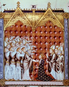 smörja kungen av Frankrike, i närvaro av eveques och hans baroner. Miniatyr i "" Rational des divins offices"" (folio 44v) av Unknown artist