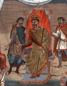 detaljer om: Karl II den skallige (823 - 877), kung av Frankrike som tar emot en delegation av munkar från Tours.Fac-Simile i kromolitografi av 1800-talet efter en miniatyr av Xth århundradet bevarad på B.N. av Paris. av Unknown artist