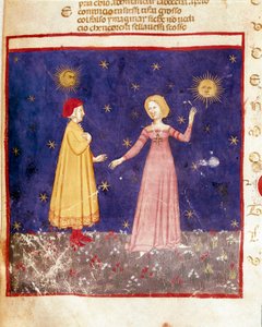 första himlen: Dante möter Beatrice i paradiset. Upplyst sida som illustrerar en sång om Paradiset från "Divina Commedia" av Dante Alighieri (1265-1321). 1300-talet, Venedig, Biblioteca Marciana av Unknown artist