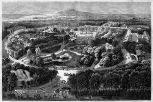 allmän bild av acklimatiseringens trädgård till Bois de Boulogne som erbjöds och invigdes av Napoleon III 1860, som kombinerar natur, frodig flora och exotiska djur, i "" l
