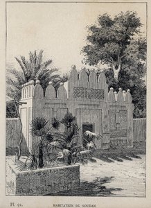 habitation du Sudan (Sudan) - gravyr från 1889 i "History of human habitation at the Universal Exhibition of 1889, by Mr Charles GARNIER - Librairie centrale des beaux-arts Paris 1889 av Unknown artist