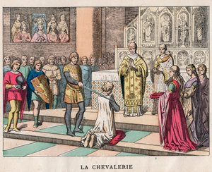 riddare - La Chivalerie - Uppmjukning av en riddare - Gravering av slutet av 1800-talet i "" Nos Gires Nationales - Bilder och reciter"" av Unknown artist