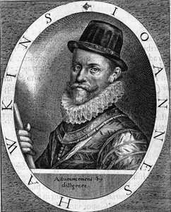 porträtt av Sir John Hawkins (Hawkyns) engelsk amiral (1532-1595), känd för att vara den första att handla med svart, gjorde han flera resor, finansiellt av London-handlare, mellan Afrika och Amerika. Gravyr från 1620. av Unknown artist