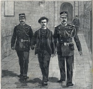 den italienska anarkisten Luigi Luccheni (Lucheni) mördare av imponen Elizabeth av Österrike (Sissi) ställdes inför domstolen 1898. av Unknown artist