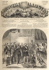 besök av Vilhelm, kungen av Preussen, hos Napoleon III, fransmännens kejsare, i Compiegne, Frankrike 1861 - Besök av Vilhelm I av Preussen (1797-1888) i Compiegne i närvaro av Napoleon III - Gravyr från "" illustrerande universum” av Unknown artist