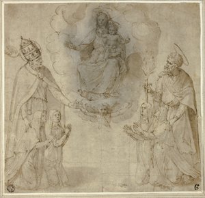 Jungfru Maria med barnet framför helgonet Fabianus (eller Gregorius den store) och Josef av Unknown Sienese