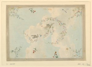 Ritning, takdekor med duvor och blomstergirlanger, möjligen till entréhallen, 1815-22