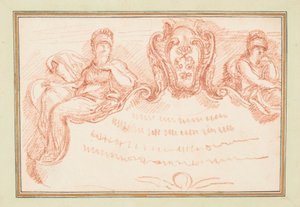 Ritning, takdetalj med två sittande figurer och vapensköld, ca 1759-70 av Unknown artistUnknown artist