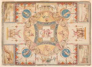 Teckning, Tak i Hadrianus villa med nymfer, kentaurer, hjortar och elefanter, ca 1785 av Unknown artistUnknown artist