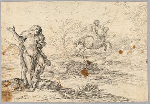Teckning, Kentaur som räddar jungfru från klubba - vävande varelse, 1500-1900-tal av Unknown artistUnknown artist
