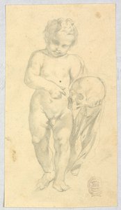 Teckning, Barn bärande på en dödskalle, 16-1900-tal av Unknown artistUnknown artist
