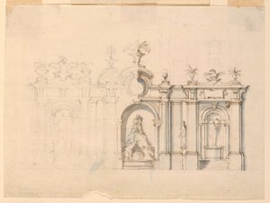 Teckning, Kolonnad med fontän, ca 1770