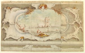Teckning, dekorativ kartusch med landskap, ca 1770 av Unknown artistUnknown artist