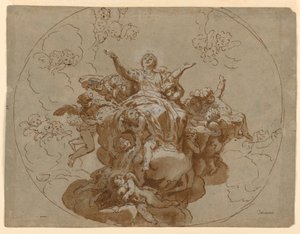 Ritning, Förslag till tak med Jungfru Marie himmelsfärd, 1700-1730 av Unknown artistUnknown artist