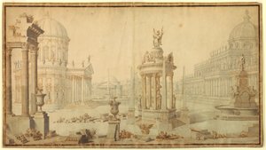 Teckning, scenografi: Arkitektonisk fantasi, tidigt 1700-tal av Unknown artistUnknown artist